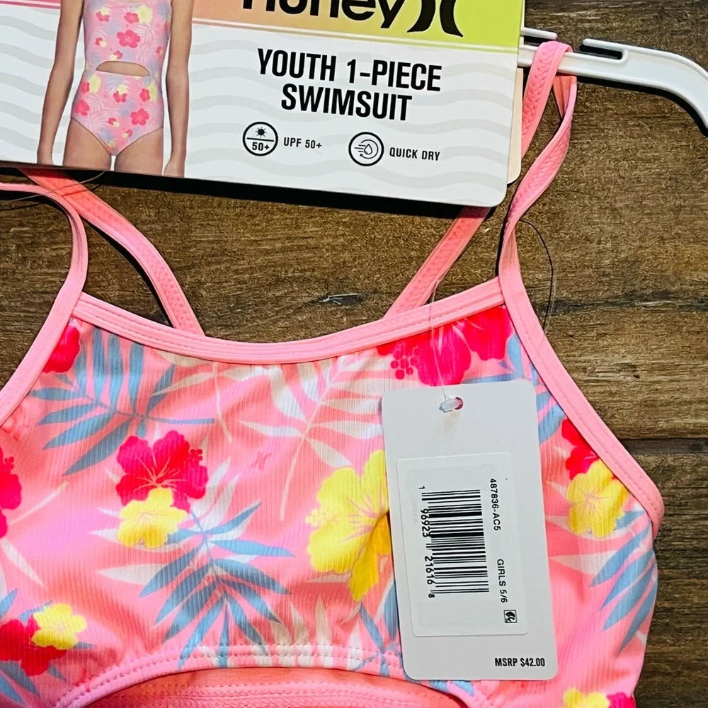 NWT Hurley Kids Pink Floral One Piece Swimsuit Size 5/6 Bright Vibrant Floral